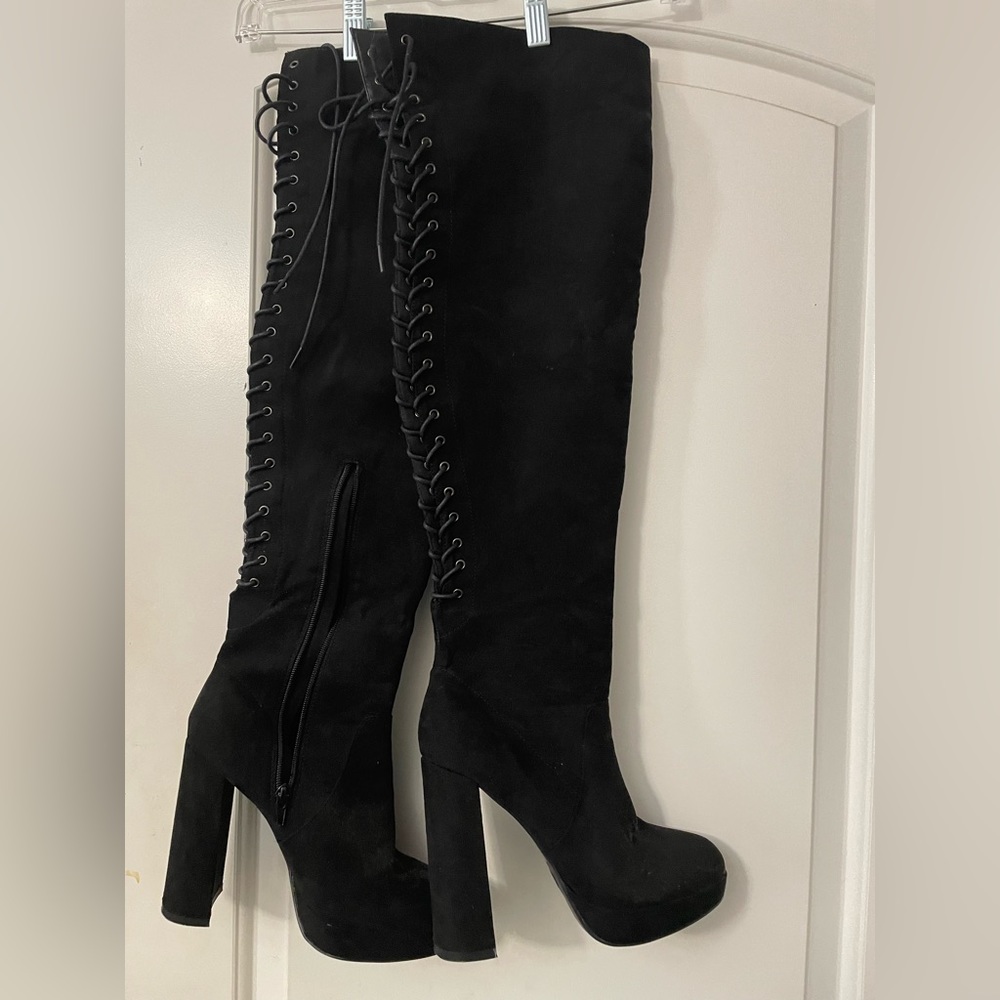 Black thigh high platform boots
